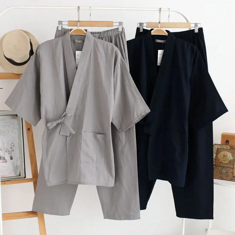 Japanese Style Kimono Cardigan Pants 2pcs Set Men's Nightwear Bathrobe Cotton Comfortable Home Suit Robe Sleepwear Daily Casual