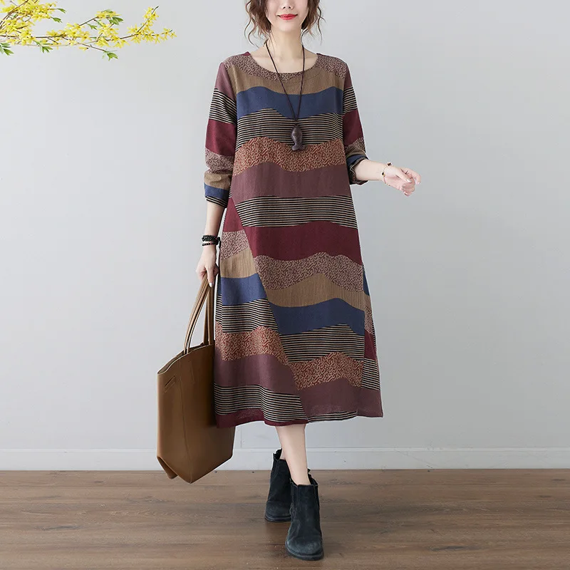 Spring Autumn Women Long-sleeved Stripe Cotton Linen Dress Fall Women's Clothing 2022 New Vintage Plus Size D309 | Женская одежда