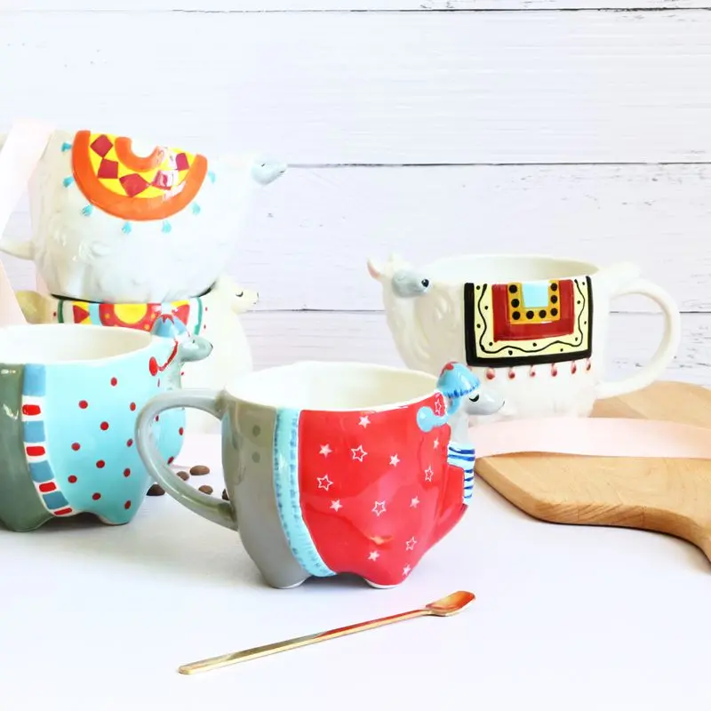 Творческий мультфильм Альпака керамическая чашка Милая овсянка кружка с ручкой