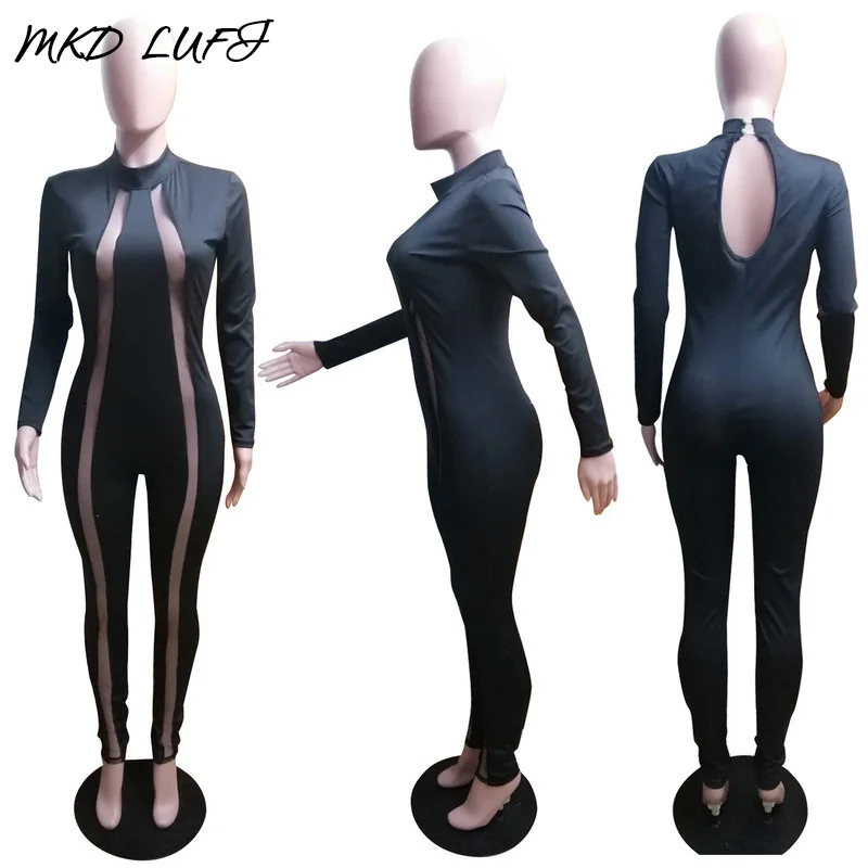 Сексуальный комбинезон с длинными рукавами и открытой спиной из сетки для женщин, облегающий по фигуре с патчворком.