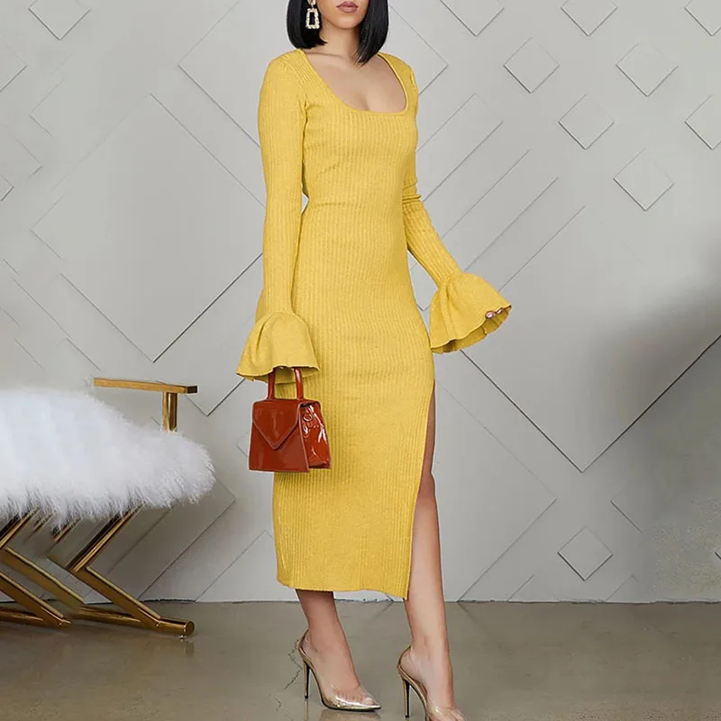 Желтый вязаное платье женские тканевые Зимние сексуальный халат Винтаж бодикон