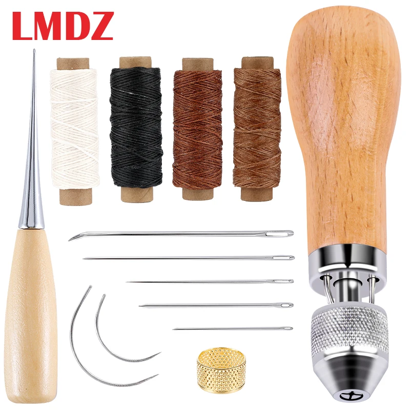 

LMDZ Leather Working Kit Stitching Awl Waxed Thread Leather Needle Thimble for Shoemaker Canvas Repair Leather Sewing Tools