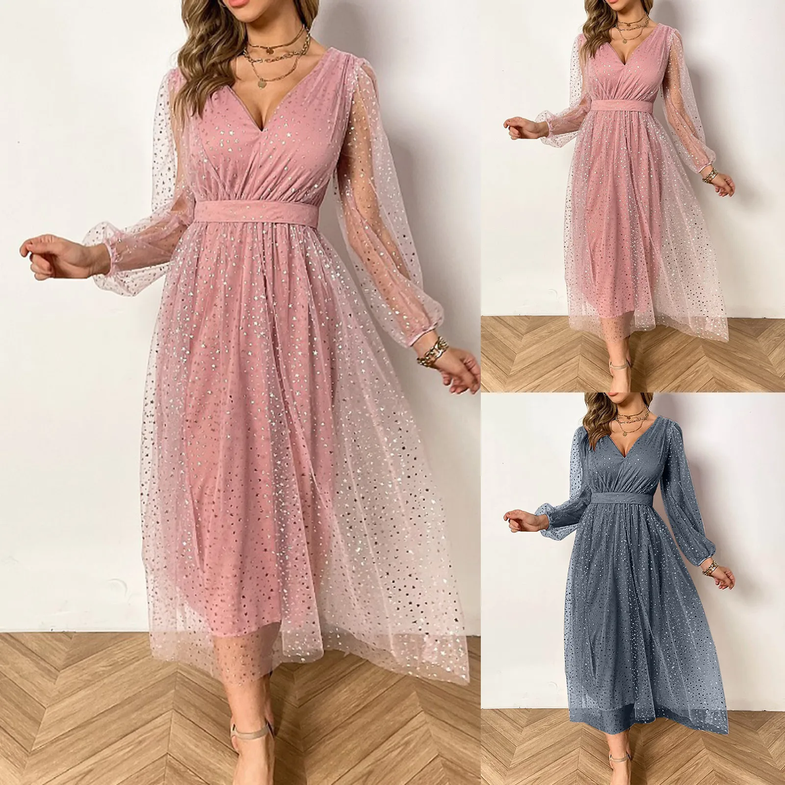 

Women's Dress Fashion Long Sleeve V-Neck Solid Color Gilded Mesh Gorgeous Big Swing Retro Dress Party Dress Cocktail Dress