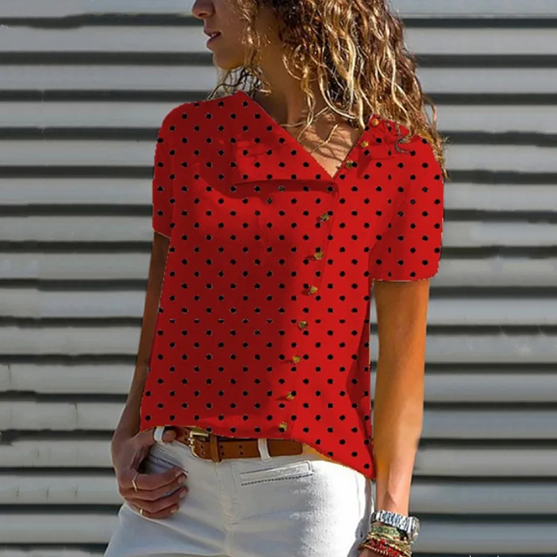 

2021 Summer Casual Temperament Cardigan Lapel Slim-Fit Blouse Women Fashion Polka Dot Printed Single-Breasted Shirt Femme Blusas