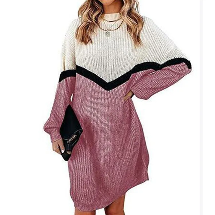 

Medium Length Women's Sweater 2021 Autumn Winter Round Neck Sweater Women's Stripe Contrast Color Pullover