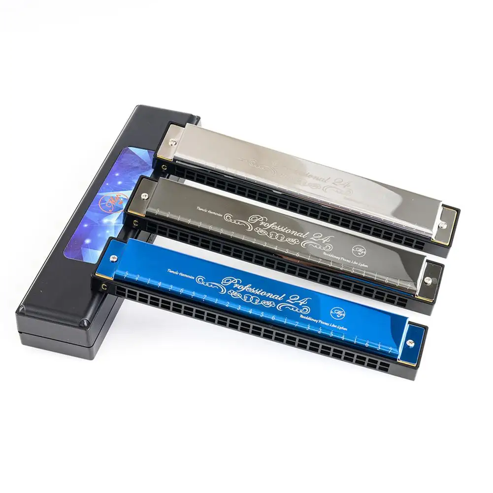 

24-hole Harmonica Polyphonic C Colorful Blues Harmonica For Beginners Professional Woodwind Musical Instrument Silver/Blue/Black