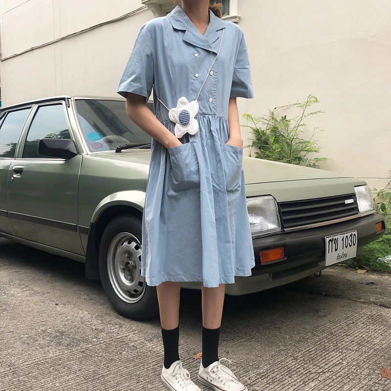 ulzzang notched loose preppy style black pockets high waistWomen's Clothing fashion brand summer dress vestidos korean dresses | Женская