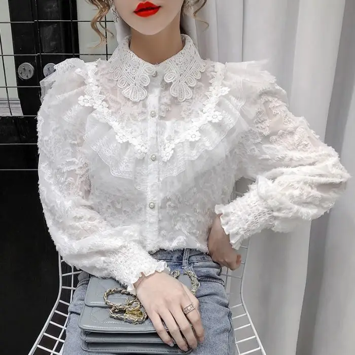 Женская блузка 2021 Осень Зима Стиль кружевная прострочка воротник поло рубашка с