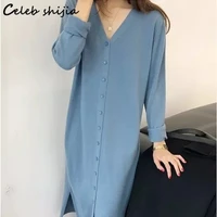 shijia blue cashmere dresses for woman fall v neck elegant long bodycon dress female autumn single breasted maxi knit clothing
