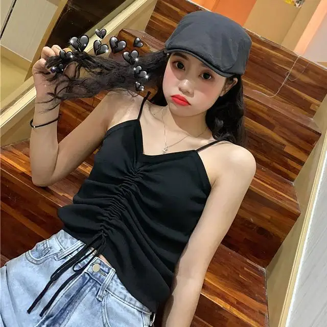 

Drawstring Camisole Sweater Women Summer Fat Small Fresh Shirring Short Vest Top LX039