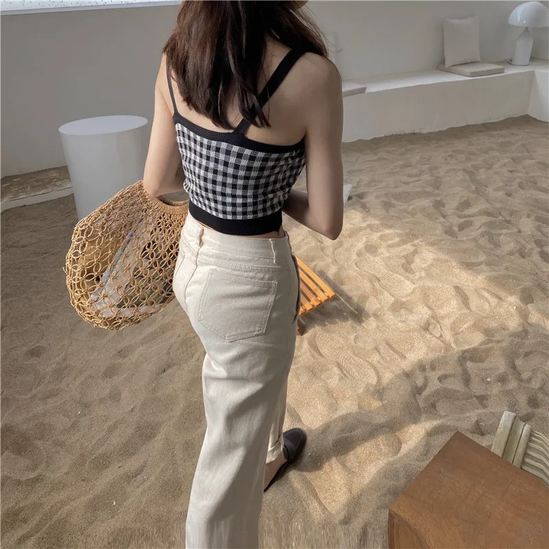 

Women Vintage Plaid Knit Camisoles, Spaghetti Straps Sleeveless Buttons Trim Tank Tops