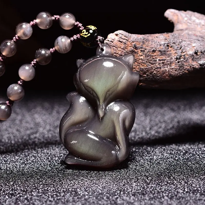 Чистый натуральный обсидиан луна крест лиса голова тигра резьба кулон ожерелье