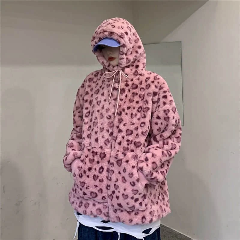 

New Autumn Winter Harajuku Pink Coat Women Leopard Pullover Casual Thick Warm Jacket Women Hooded Outwear Female Clothes