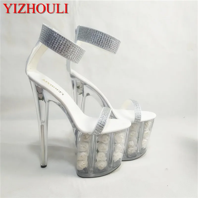 Rose adornment platform women's shoe, crystal 20 cm high heel sandal, white flower wedding banquet dance shoe