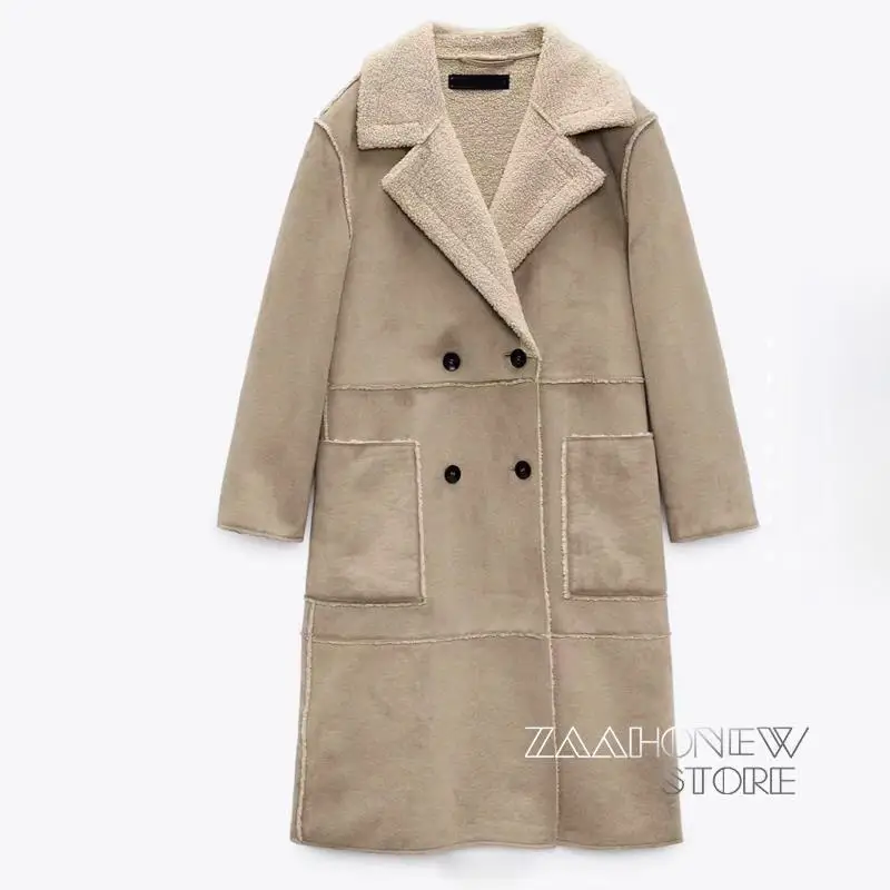 

Новинка 2021, Зимняя женская винтажная Толстая замшевая куртка ZAAHONEW, повседневное байкерское пальто с карманами, Женская Теплая Флисовая Дли...