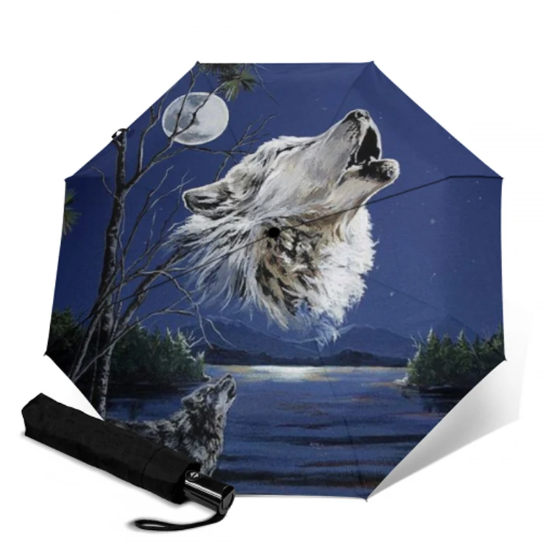 Модный полностью автоматический зонт с волчьим узором для женщин 3 Складные