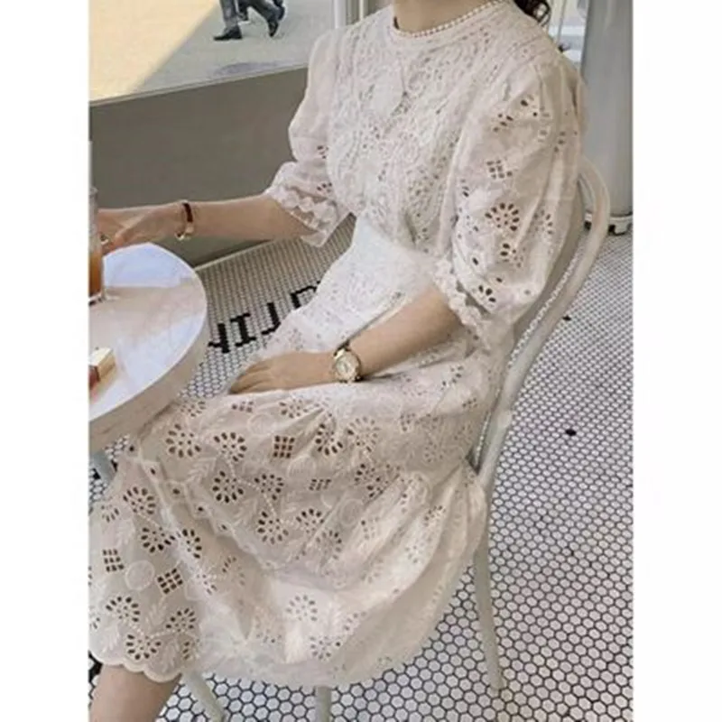 Женское кружевное платье с круглым вырезом элегантное свободное в стиле пэчворк