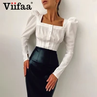 viifaa square neck button up leg of mutton sleeve white shirt tops women 2020 elegant long sleeve cropped blouses and shirts