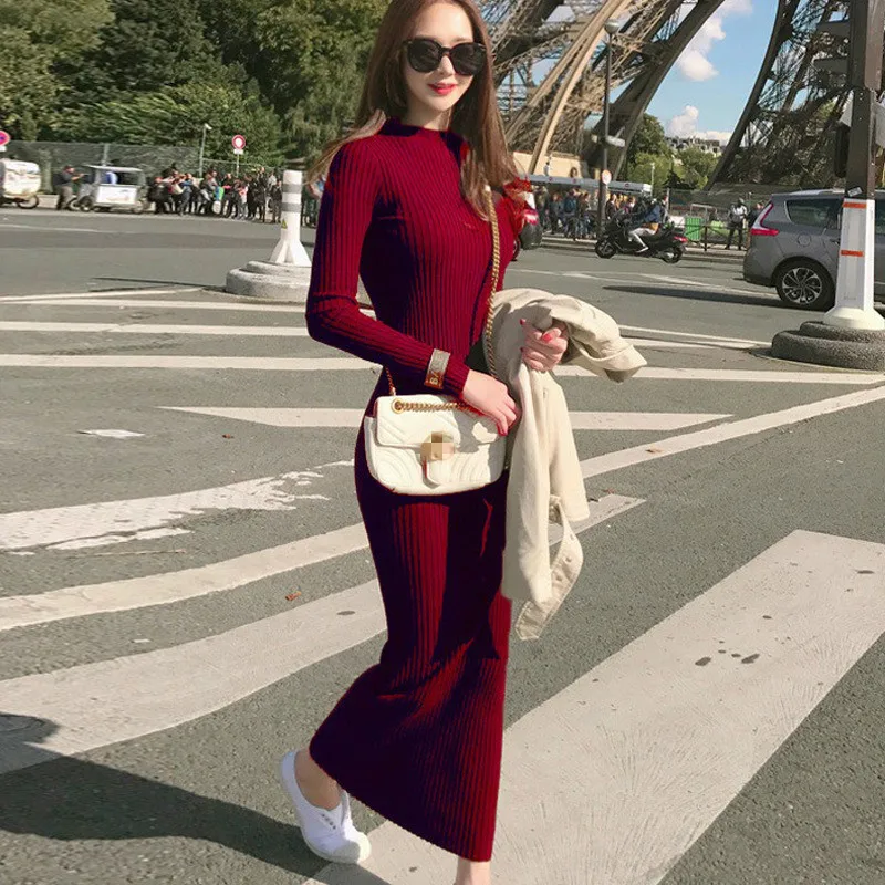 

Элегантные вязаные платья для женщин, Осень-зима, винтажное пикантное облегающее платье, трикотажная одежда, теплое длинное платье в Корейс...