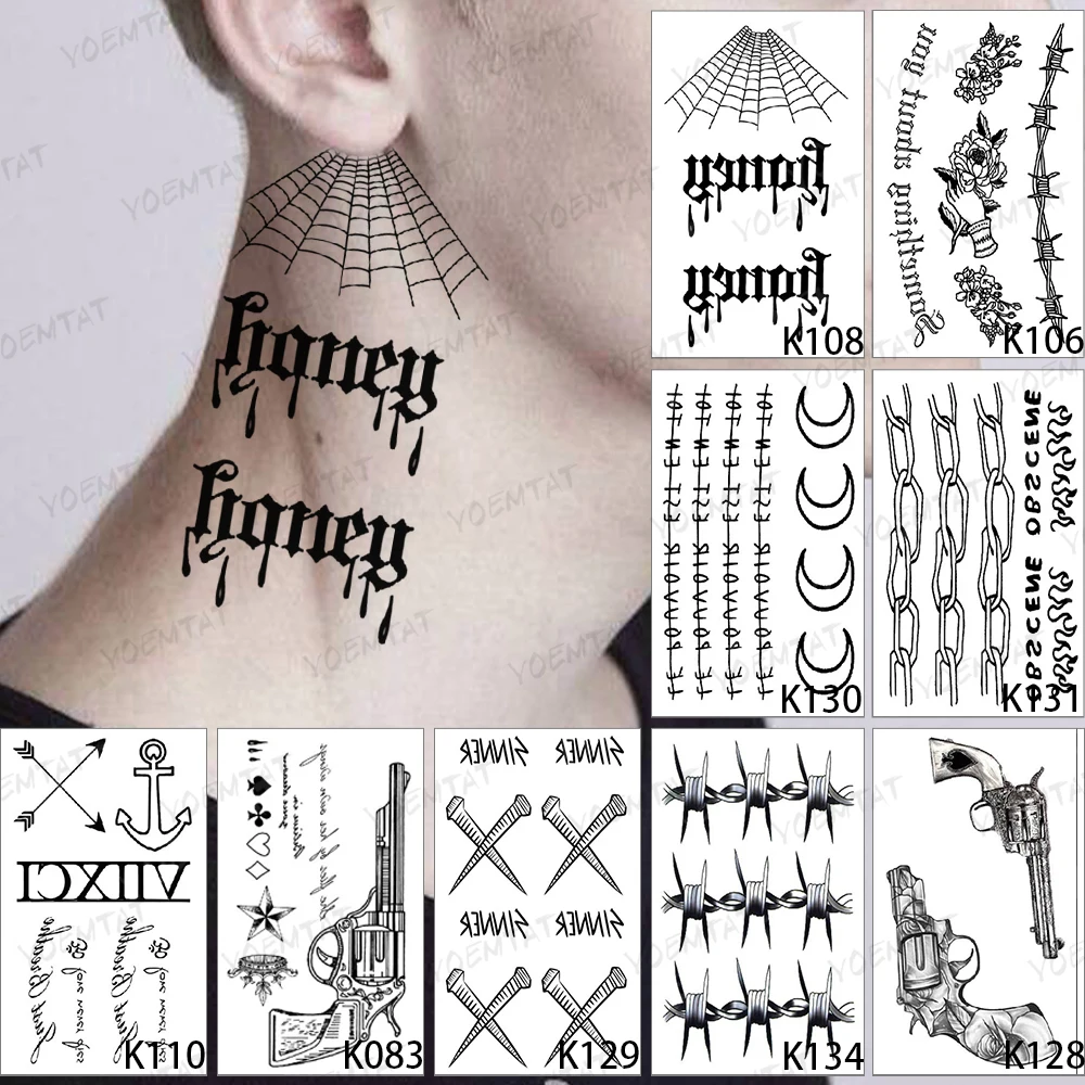 

9pc Transfer Waterproof Temporary Tattoo Sticker Man Spider Web English Character Black Word Chain Gun Body Art Fake Tatto Woman
