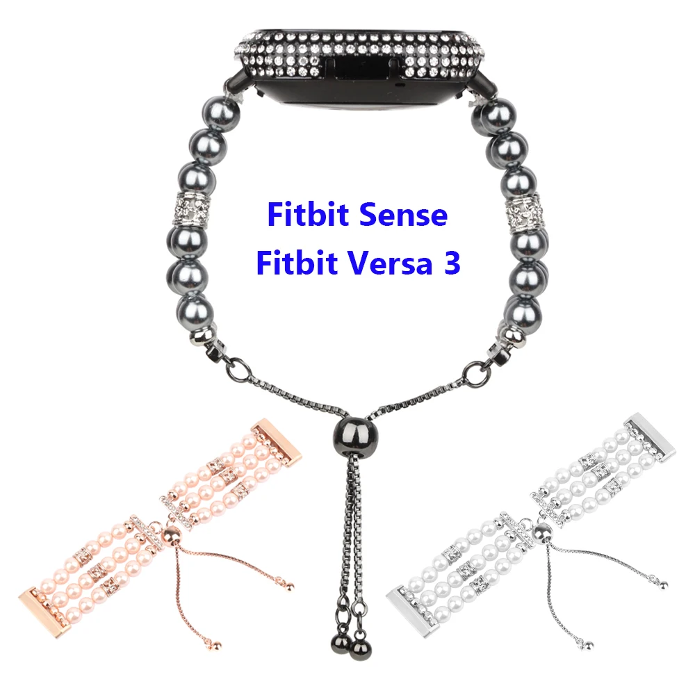 

Black Dressy Bracelet for Fitbit Versa 3/Fitbit Sense Women Girls Luxury Jewelry Replacement Wristband Pearl Straps for Versa 3