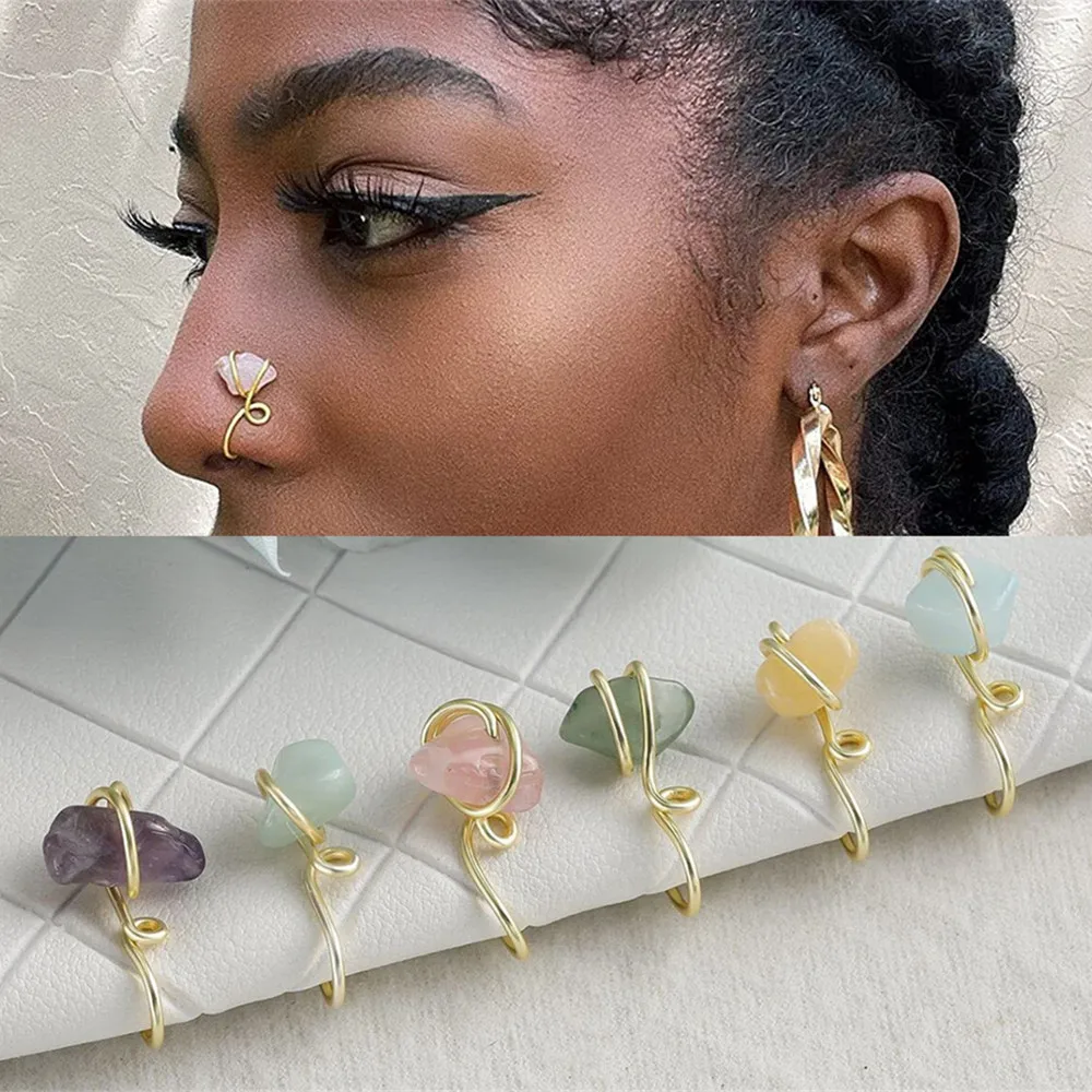 Natural Crystal Stone Copper Wire Nose Cuff Spiral Fake Piercing Nose Ring 2021 Trend Punk Electroplat Ear Clip Bijoux Jewelry