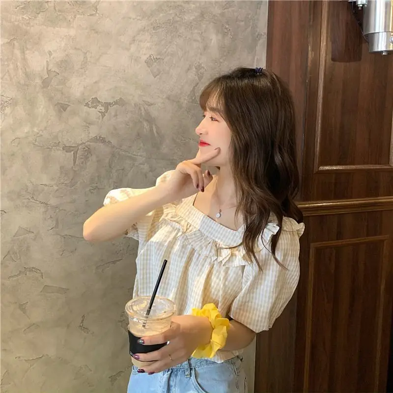 

Blouses Women Loose Plaid Harajuku Arrival Summer Short Sleeve Shirts Retro Simple Holiday Students Tunic Top Cute Sweet Girls