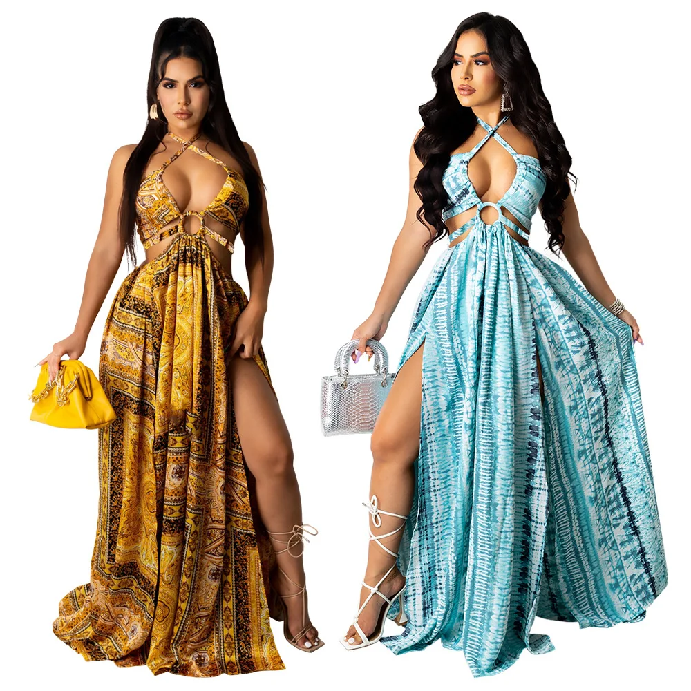 

2022 Summer Ladies New Halter Sling Bohemian Printing Lace Up Fashion Casual Loose Splice Sleeveless Strapless Maxi Dress Women