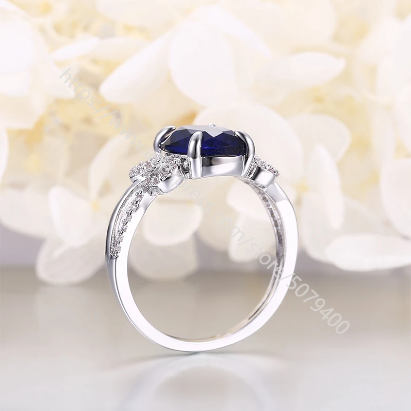 

Sapphires CZ ring white gold-plated Oval blue Gems Stone silverS halo ring handmade Gypsy Boho Engagement Jewellery Women gift