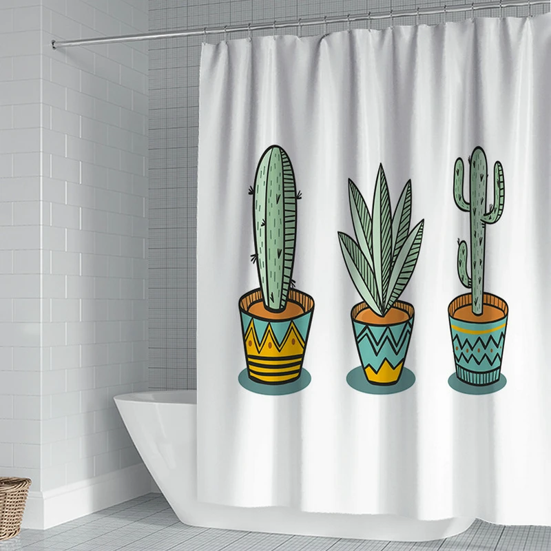 

Potted Cactus Shower Curtain Set with 12 Hooks Bathroom Decoration Washable Polyester Fabric