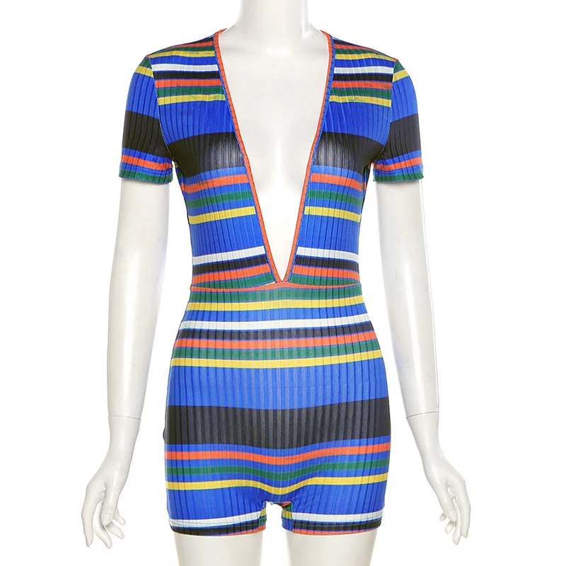 

Deep V-Neck Bodycon Jumpsuit Women Striped Short Sleeve One Piece Playsuit Party Outfits Femme Sexy Short Romper Overalls
