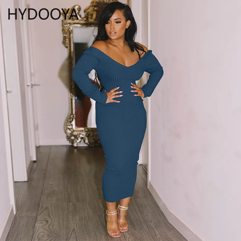 

Sexy Off Shoulder Knitted Stretchy Sweater Dresses Spring Clothes for Women V-Neck Long Sleeve Party Vestido Clubwear Midi Dress