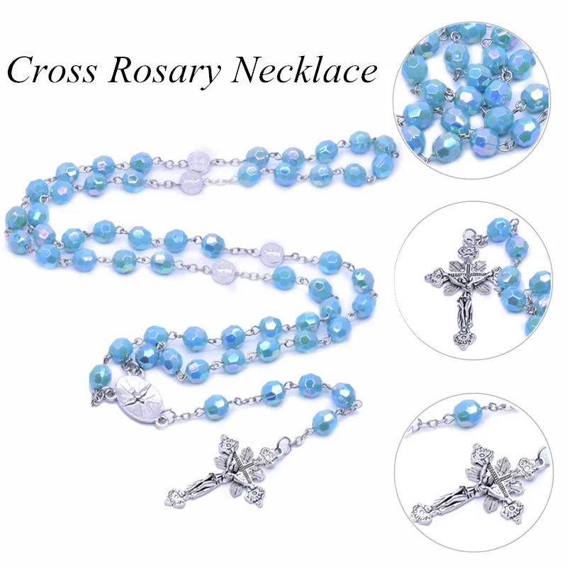 

Fashion Virgin Mary Jesus Christ Gift Men Women Religious Jewelry Blue Corner Beads Round Chain Cross Rosary Necklace