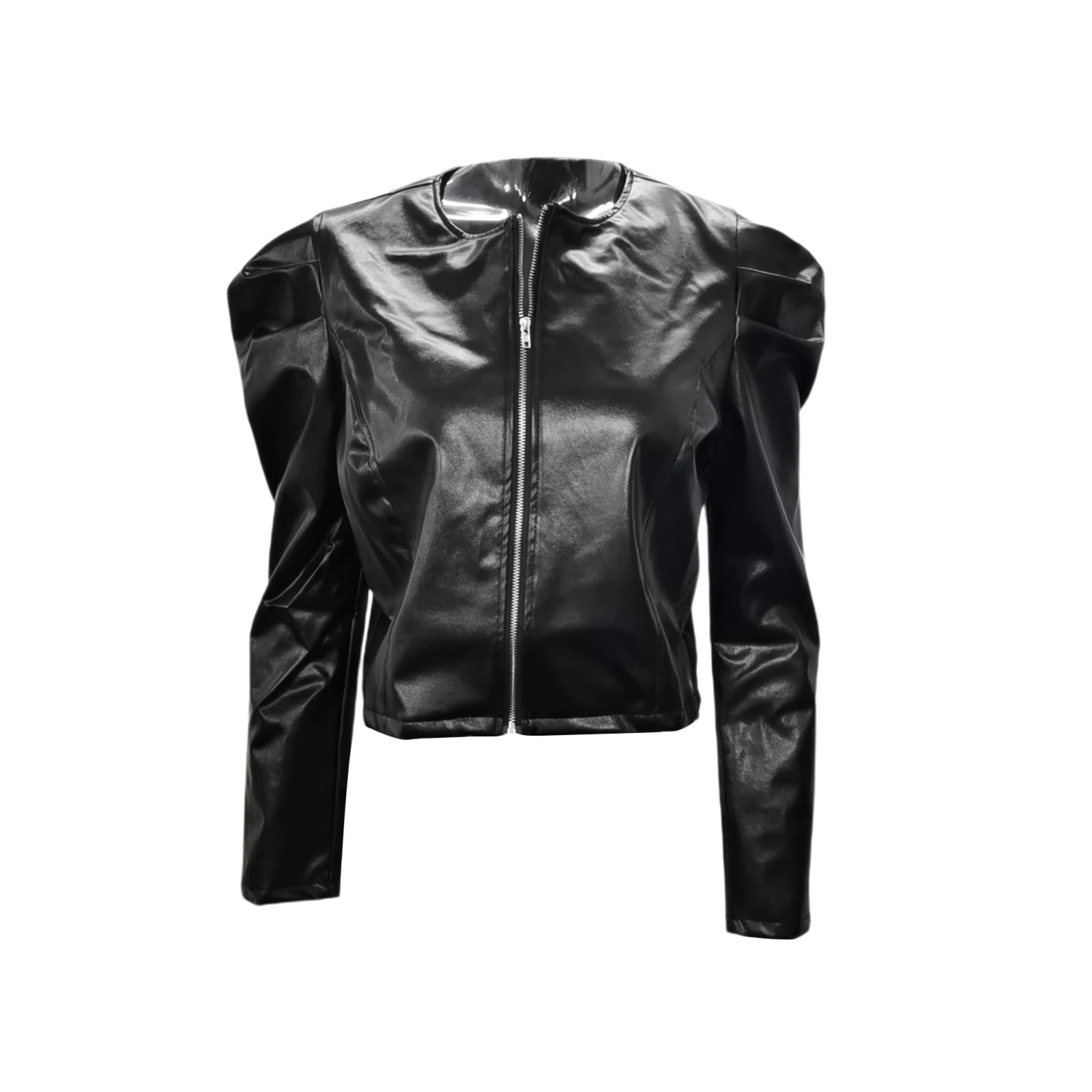

Women Leather Coat Fashion Casual Pleated Long-sleeved Jacket Black Zipper Open Round Neck Short Coat Spring Fall 2020 New