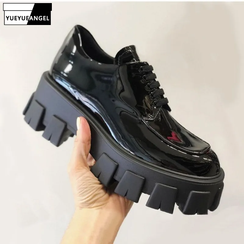 

Autumn New Platform Shoes Women Patent Leather Lace Up Black Ladies Pumps England Preppy Style High Heel Casual Shoes Sneakers