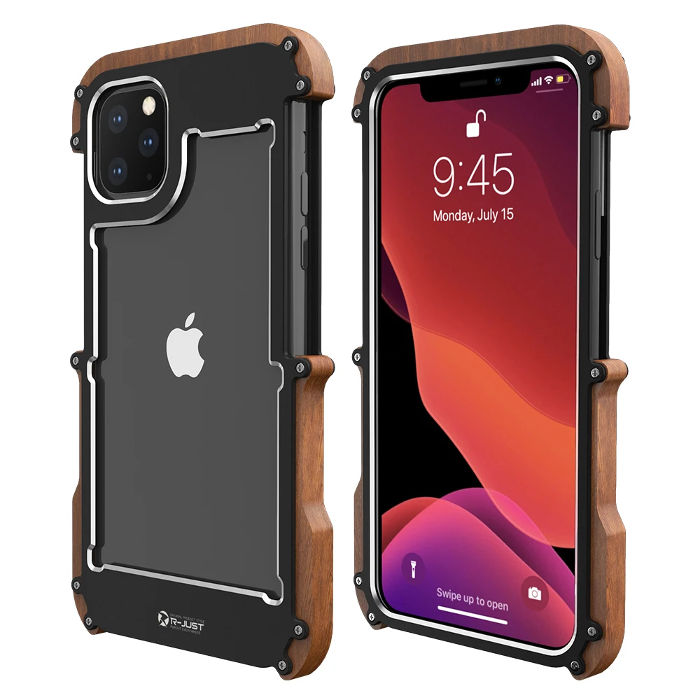 Чехол из натурального дерева и алюминия с металлическим бампером для iPhone 11/Pro/Max, жесткий защитный противоударный чехол для iPhone 11 Pro Max - Цвет: Черный