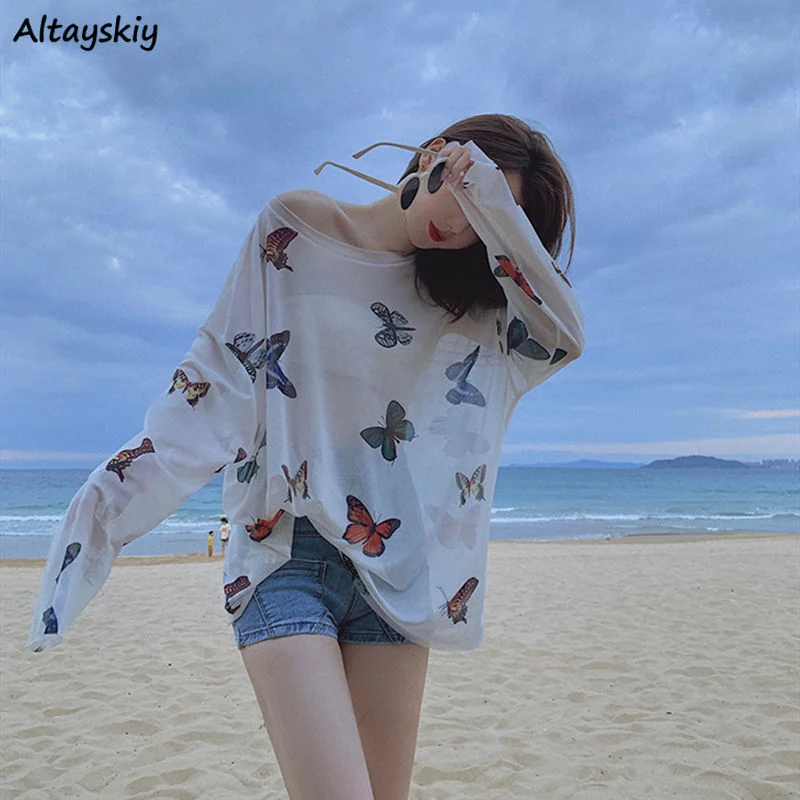 

Sunproof Long Sleeve T-shirts Women Summer All-match Tops Chic Thin Harajuku Sweet Korean Fashion Casual Tees Loose Sexy Design