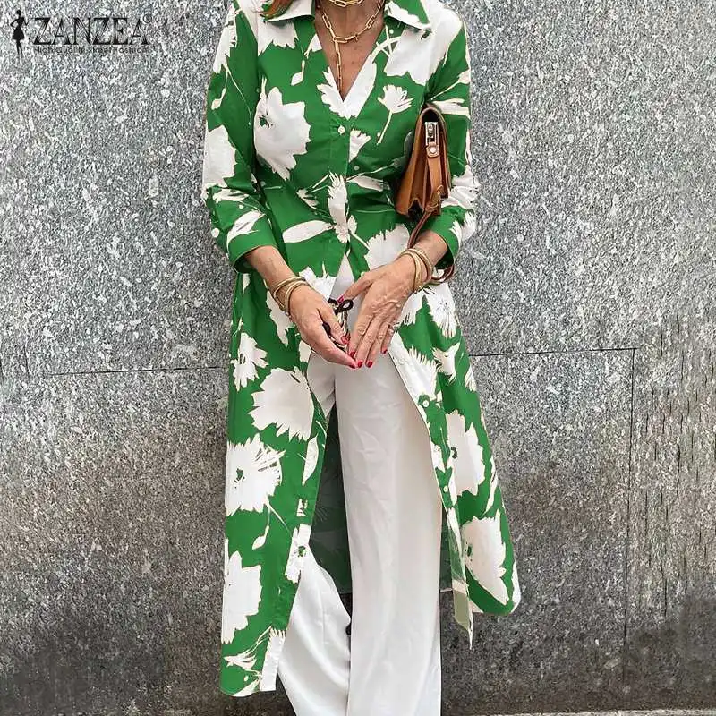 

ZANZEA модная женская рубашка с длинным рукавом Vestido, осенняя богемная Длинная блузка с цветочным принтом, Повседневная офисная блуза, топы с v-...