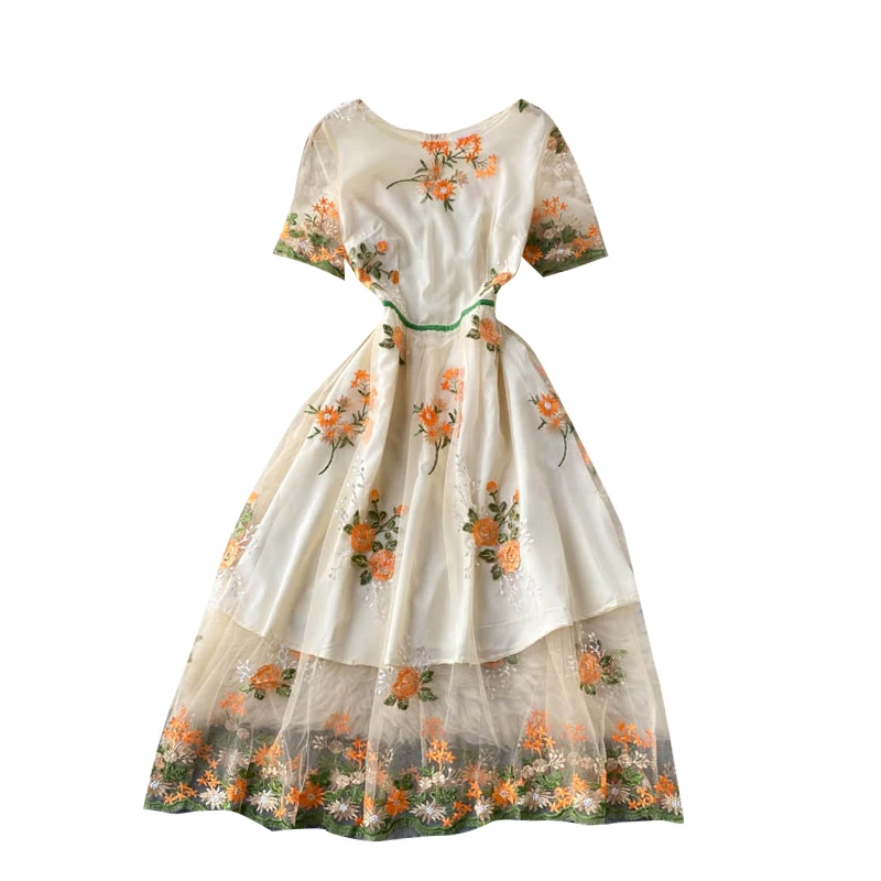 

2021 Summer New Fashion Temperament Vestidos Women's Mesh Embroidery Round Neck Short Sleeve Sweet Slim Midi Dress DK683