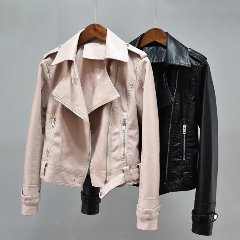 

New Autumn PU Soft Leather Jackets Women Turndown Collar Zipper Slim Bike Faux Leather Coat Female Short Jacket Outwear