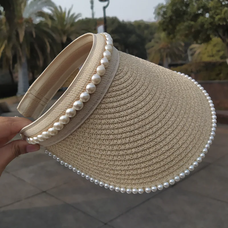 

Korean Empty Straw Hat Woman Simulated Pearl Lace Sun Hat Sun Protection Elegant Lady Beach Casual Summer Capless Cap Headwear