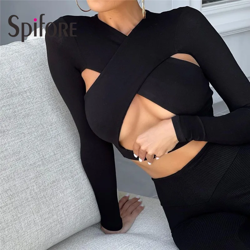

Spifore Hollow Out Wrap Crop Top Sexy Women Long Sleeve Cross Corset Short T Shirts White Black 2022 New Party Clubwear Tees