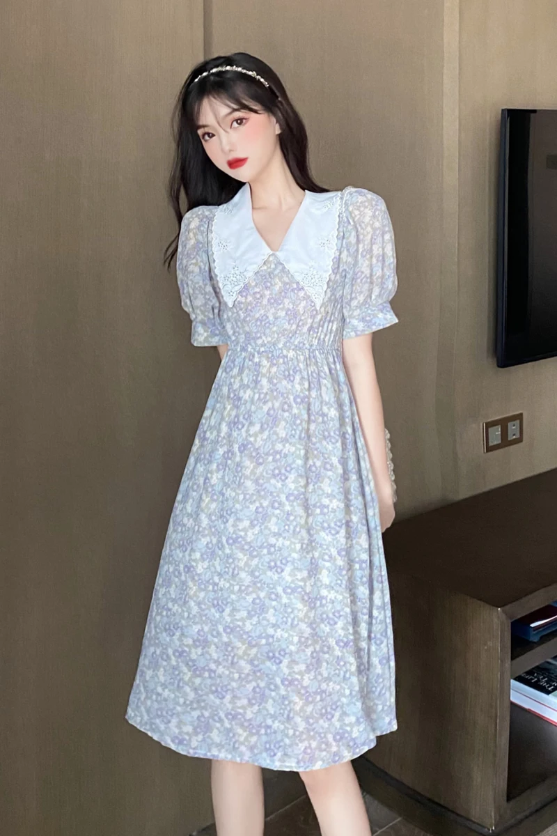 

COIGARSAM 4XL Plus Size Floral Print Women Long dress Summer Peter pan Collar High Waist Dresses 2049