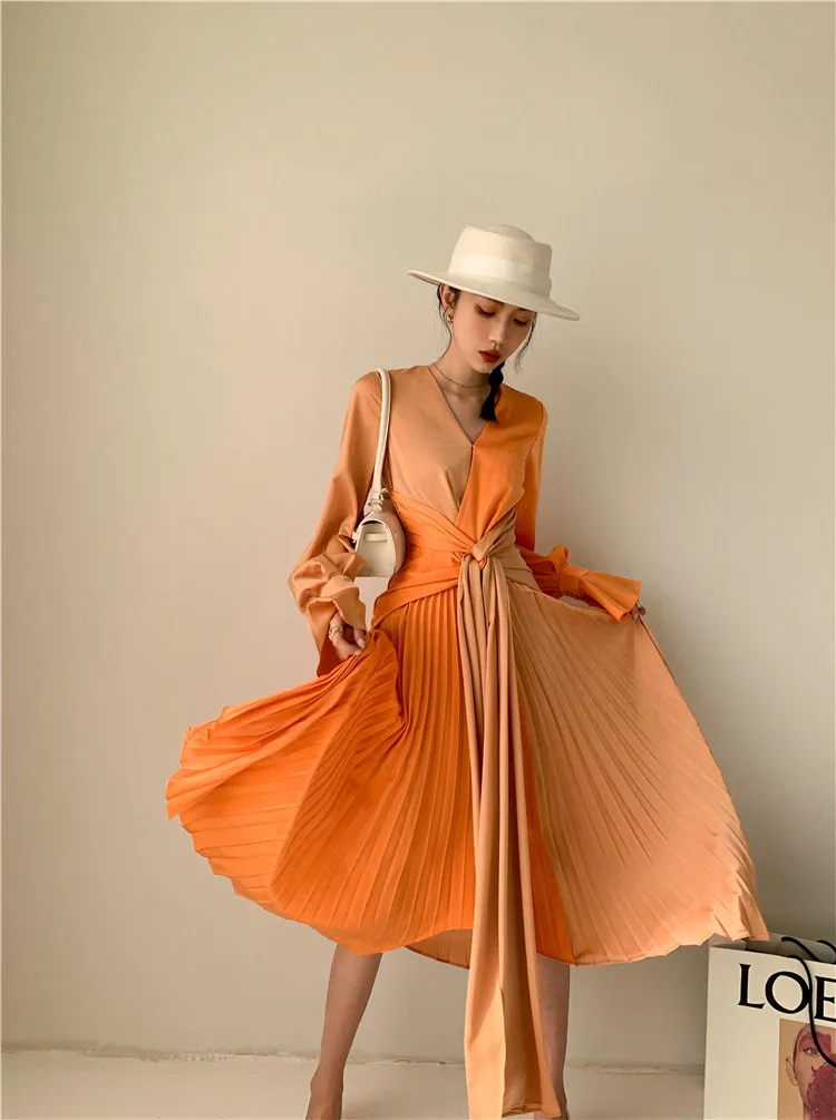 

ZCSMLL Patchwork Color Pleated Long Dress Women V Collar Full Sleeve Korean Fashion Orange Female Dresses 2021 Spring Summer