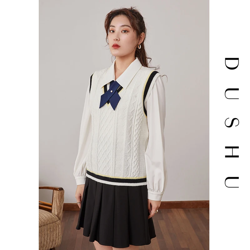 

DUSHU Plus Size Women Sweet White Shirt Women's Long-sleeved All-match Shirt Polo Cardigan Bowknot White Shirt Womens Tops