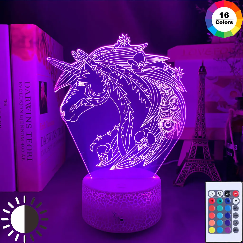 Акриловая 3D светодиодный ная лампа в виде единорога лошади 16 цветов сменный