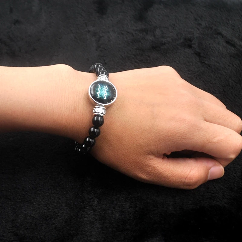 2018 черный круглый обсидиановый браслет ювелирные изделия 12 знаков зодиака с