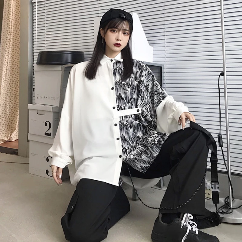 

Harajuku Punk Women's shirt Gothic BlackWhite Blouse Top New Women 2021Korean Oversize blouses & shirts Loose Casual Clothes Tee