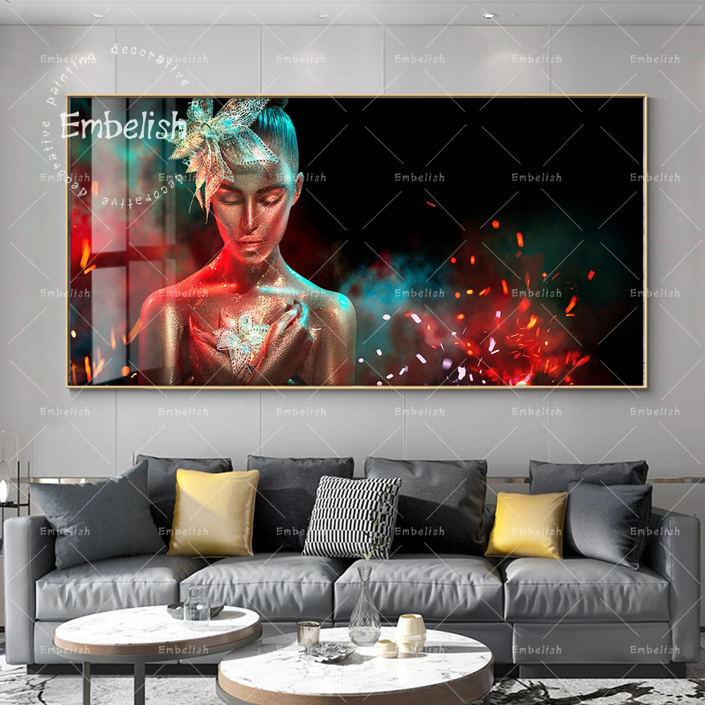 

Embelish Golden Sexy African Nude Woman With Flower Modern Home Decor Pictures For Living Room HD Canvas Paintings Wall Posters
