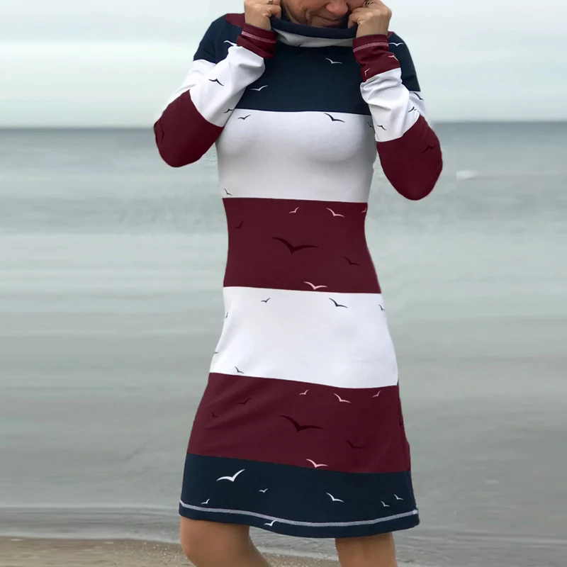 

Vintage Women Turtleneck Patchwork Midi Dress 2020 Winter Casual Long Sleeve A-Line Dress Ladies Elegant Loose Dresses Vestidos